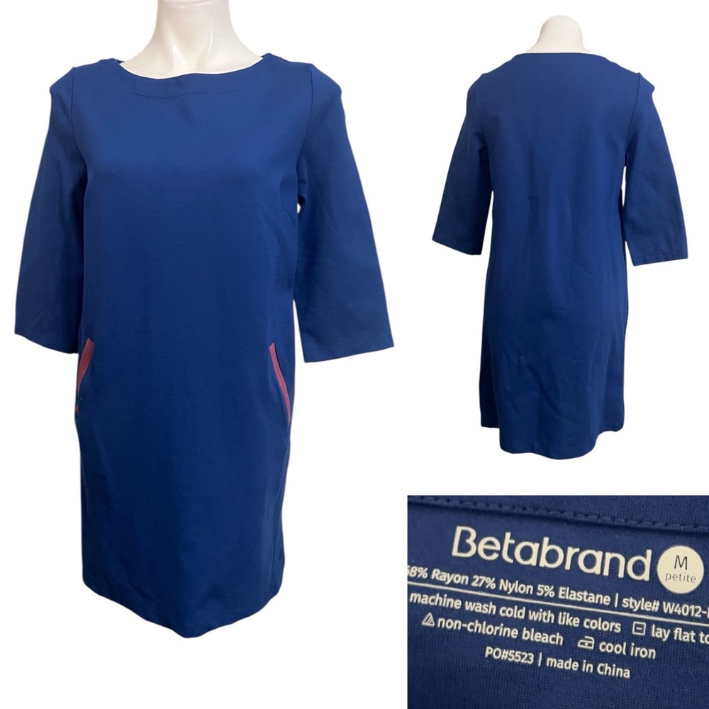 Betabrand Half Day Shift Dress Sz Med blue w/ mauve pocket trim‎ casual office